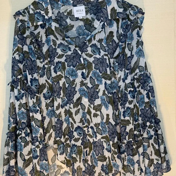 Misa Los Angeles Blue and Green Floral Blouse
